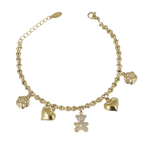 Bracciale Teddy Love in Acciaio Dorato con Cuori e Orsetto