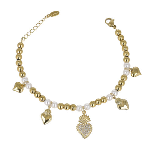 Bracciale Sacred Heart Pearls in Acciaio Dorato e Perle