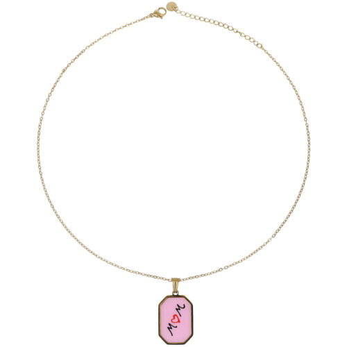 Collana Ciondolo “Mom” Smaltato Rosa in Acciaio Oro