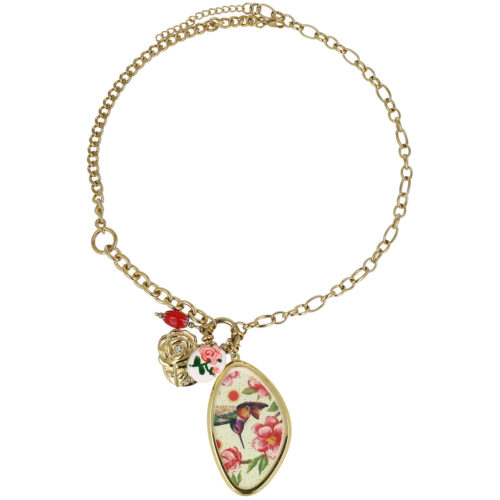 Collana Ciondolo Colibrì Floreale con Charms in Acciaio